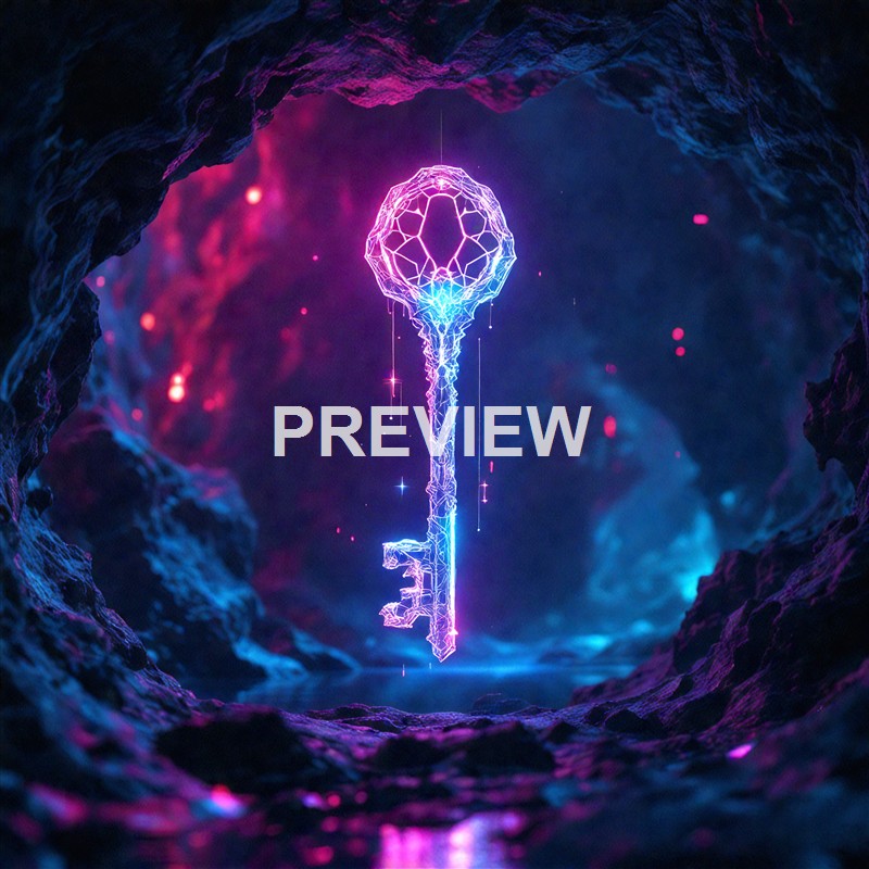 A glowing, digital-rendered key floating in a dark, rocky cavern with colorful cosmic background.